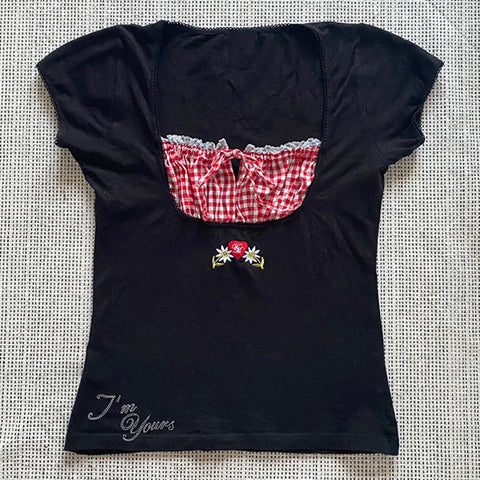 Voguable  Vintage Kawaii Bow Embroidery Mini Dress Patchwork Square Collar Short Sleeve Black Dress Retro Y2K Aesthetic Fairy Clothes