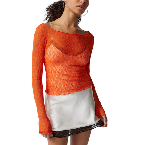 Lace Tops for y2k Clothes Sheer See Through Round Neck Long Sleeve Ruched T Shirt 2000s Clothing Party Clubwear