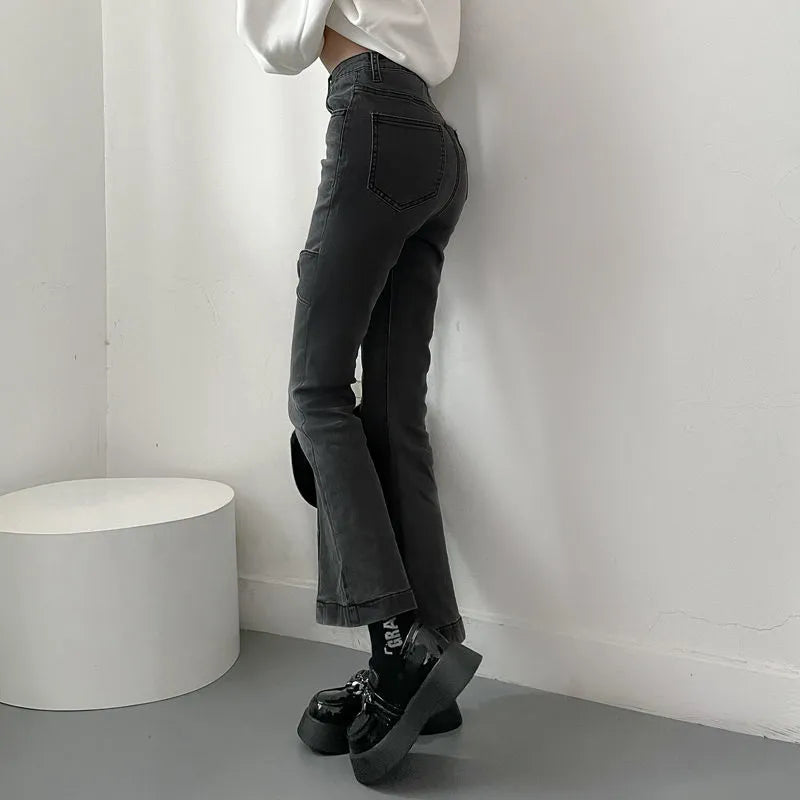 Jeans for Vintage Black Denim Flare Pants Streetwear High Waist Slim Mom Trouser Harajuku Y2K Pants