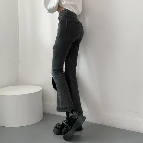 Jeans for Vintage Black Denim Flare Pants Streetwear High Waist Slim Mom Trouser Harajuku Y2K Pants