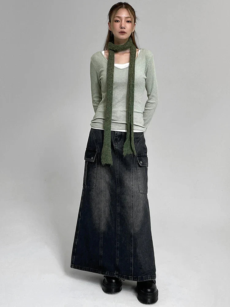 Voguable Vintage Pocket Split Washed Denim Maxi Skirt High Waist Y2K Streetwear Long Skirts Harajuku Korean Fairy Grunge