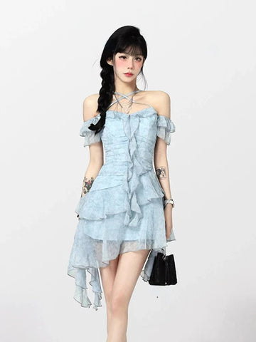 Voguable Beach Style Flroal Y2k Mini Dress Woman Chiffon Elegant Y2k Mini Dress Korean Short Party Dress Office Lady