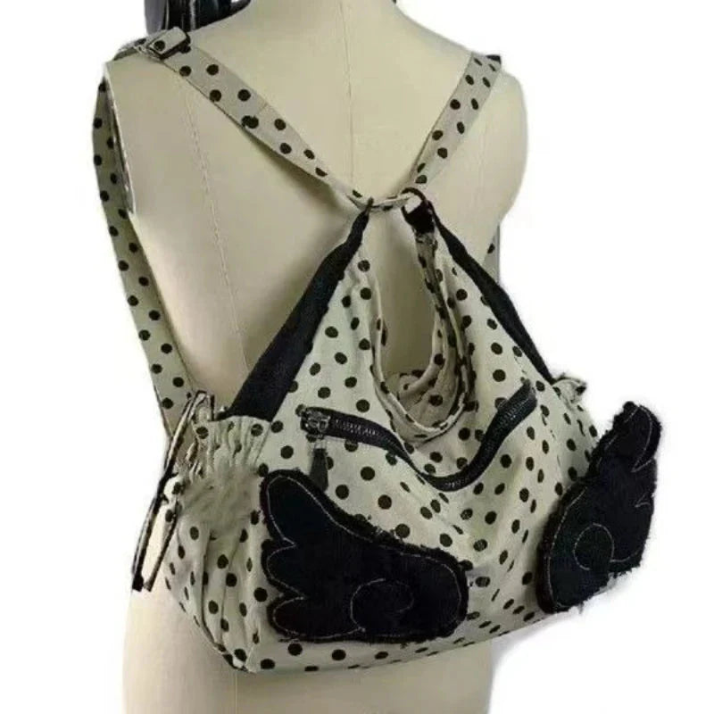 Streetwear Trendy Y2k Aesthetic Dots Wings Handbags Office Lady Shoulder Underarm Bag All Match Casual Backpacks
