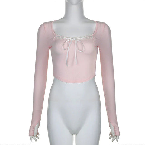 Voguable  Y2K Lace Ribbons Lace-up Bow Cropped Top Pink Cute Casual Basic Irregular Knitted Tops Coquette Aesthetic Slim-fit Tees
