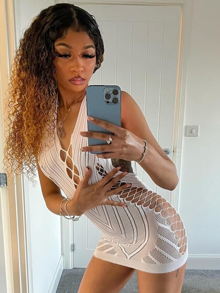 Voguable outfits Solid Halter Sleeveless Backless Mesh Hollow Out Mini Dress Fall Bodycon Party Club Elegant Y2K