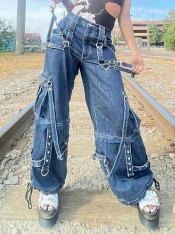 Y2k Bandage Cargo Jeans Punk Metal Blue Baggy Streetwear Pants Korean Grunge Aesthetic Jeans Stylish Vintage 90s