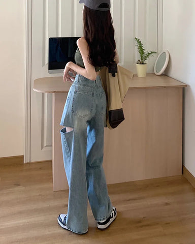 High Waist Ripped Straight Jeans Blue Denim Trousers Y2k Korean Clothing Streetwear Baggy Pants