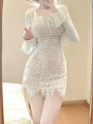 Voguable  Elegant Lace Clothing Suit Woman Korean 2 Piece Set Slim Y2k Mini Dress + Casual Short Cardigan Office Lady