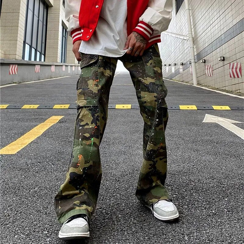 Y2K Ink Graffiti Baggy Tracksuit Cargo Flare Pants Joggers Camouflage Casual Long Trousers Ropa Hombre