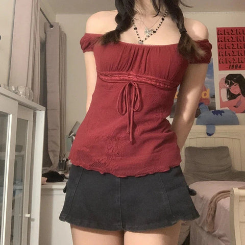 Elegant Lady Square Collar T-shirt Kawaii Bow Short Sleeve Pullovers Tees Y2K Vintage Fairy Grunge Crop Top Retro Clothes