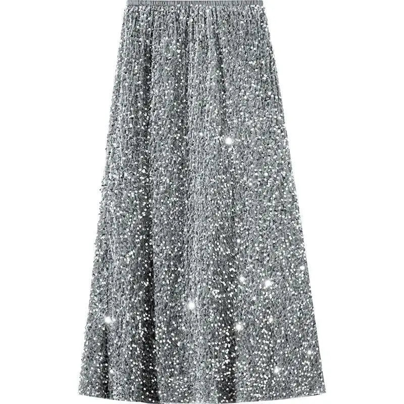 Pleuche Sequined Woman Clothing Elastic Waist Skirt High Waist Nightclub Girl Y2K Vintage Midi Skirts