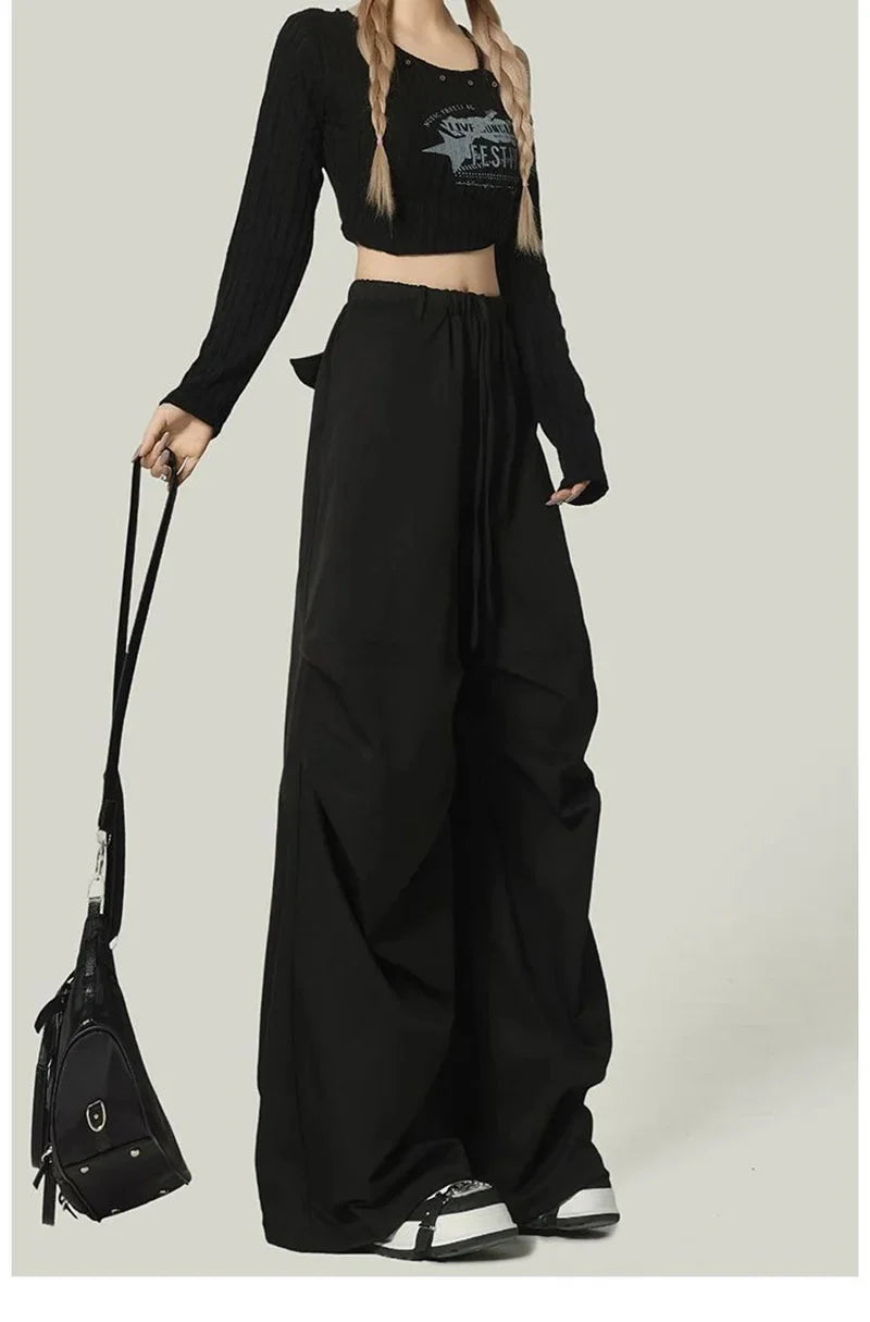 Black Y2K Streetwear Cargo Pant Vintage High Waist American Loose Trousers Hip Hop Retro Bf Wrinkles Paratrooper Pants New