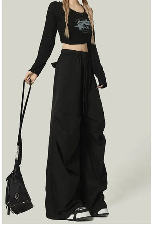 Black Y2K Streetwear Cargo Pant Vintage High Waist American Loose Trousers Hip Hop Retro Bf Wrinkles Paratrooper Pants New