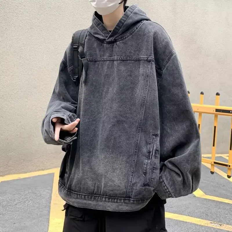 American Washed Retro Denim Hoodie Design Sense Hooded Y2k Harajuku And Winter Trend Heavy Oversize Coat