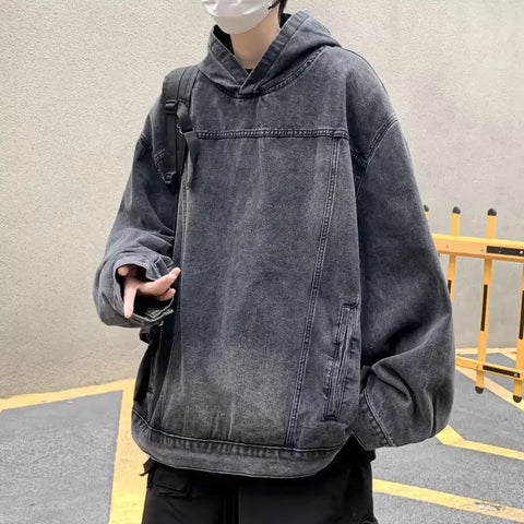 American Washed Retro Denim Hoodie Design Sense Hooded Y2k Harajuku And Winter Trend Heavy Oversize Coat