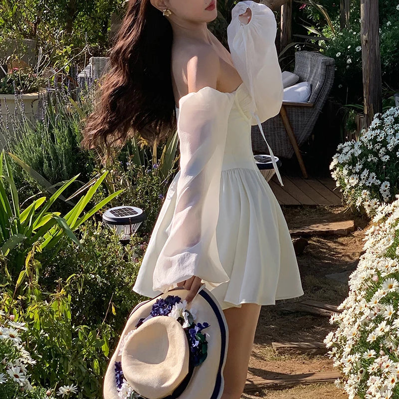 Voguable White Bubble Sleeve Dress Niche Design Pure Princess Skirt Girl Elegantes Party Prom Vintage Evening Y2k