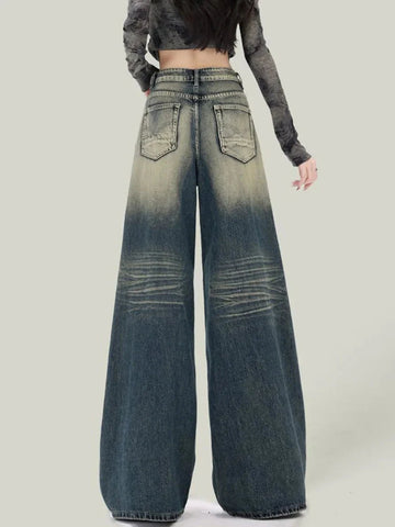 Streetwear Retro Jeans Loose High Waist Y2K Denim Pants Casual American Harajuku Fall FePockets Wide Leg Trousers New
