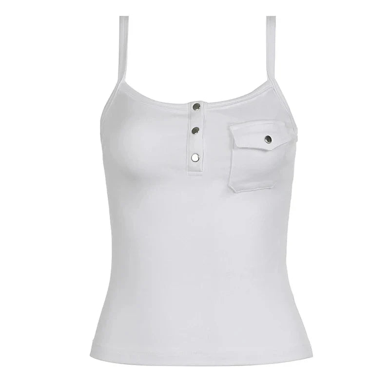 y2k Tops Solid Color Button Front Spaghetti Strap Sleeveless Camisole with Pocket Decor 2000s Vest Streetwear