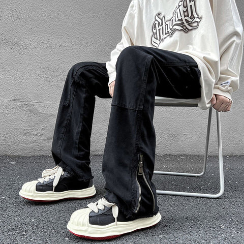 High Street Straight Black Jeans America y2k Design Hip Hop Denim Pants Zipper Casual Trousers