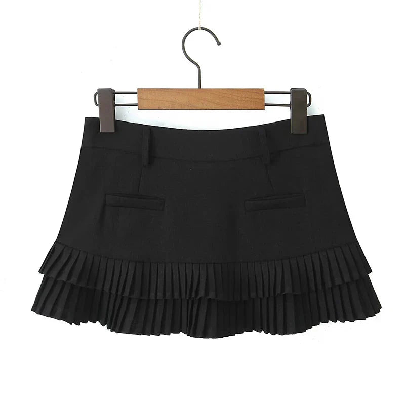Cool Girl Y2K Pleated Mini Skirt Low Waist Short Skater Skirts With Shorts Lining