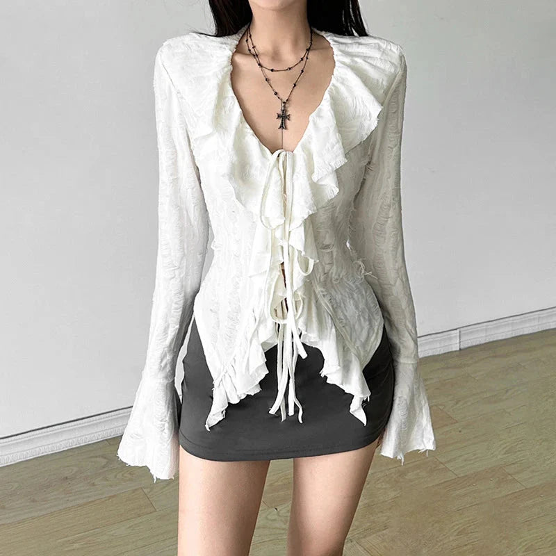 Fairycore Top White Clothes Gothic Ruffled V Neck Flared Long Sleeve Ripped Blouse Shirt y2k Aesthetic Clothing