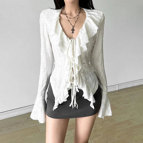 Fairycore Top White Clothes Gothic Ruffled V Neck Flared Long Sleeve Ripped Blouse Shirt y2k Aesthetic Clothing