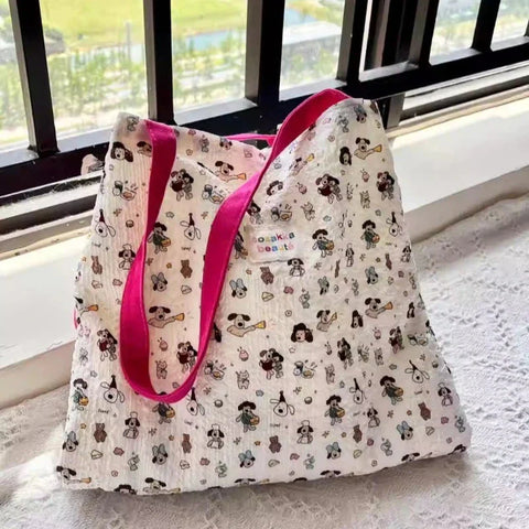 Sweet Kawaii Dog Print Canvas Underarm Bag High-capacity Cartoon Harajuku Shoulder Handbags Trendy Tote Bags Y2k Aesthetic