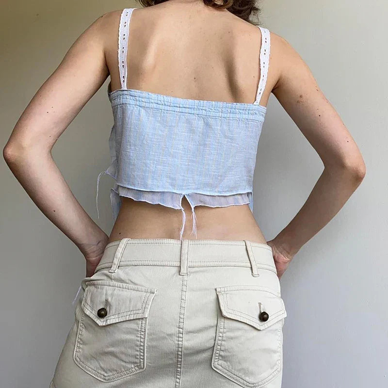 Voguable Kawaii Lace Stitching V-neck Striped Irregular Crop Top Baby Blue Fairy Button-up Sleeveless Top Y2K Japanese Style Top