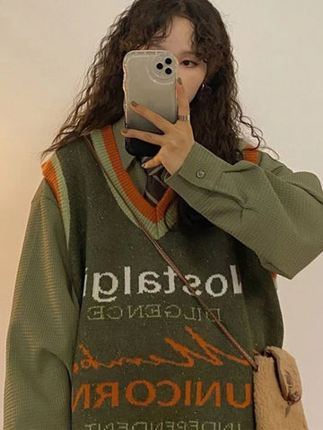 Voguable Vintage Harajuku Letter Knitted Vest Preppy Style Loose Bf Y2K Tops Japan Loose All Match V Neck Casual Sweater Vest