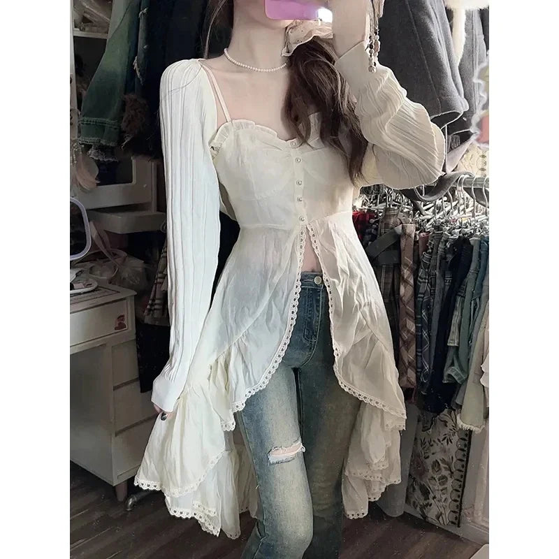 Voguable 2000s Vintage Y2k Clothing Korean 2 Piece Skirts Sets Casual Y2k Crop Top Blouse + Strap Mini Dress Japanese Beach Party