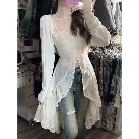 Voguable 2000s Vintage Y2k Clothing Korean 2 Piece Skirts Sets Casual Y2k Crop Top Blouse + Strap Mini Dress Japanese Beach Party