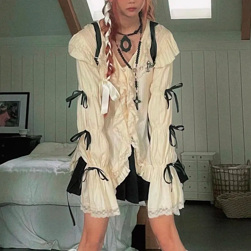 Y2k Aesthetics Lace Shirt Grunge Gothic Irregular Blouses Fairy Harajuku Bandage Shirt Vintage Lolita Clothes Mall Goth