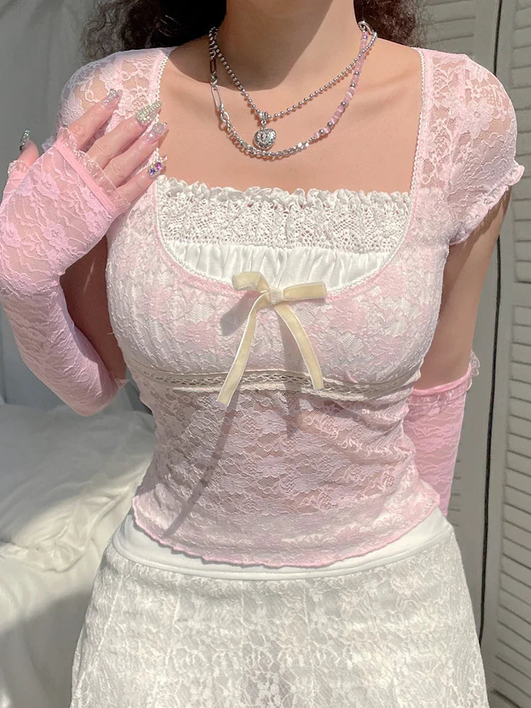 Voguable  Bow Patchwork Lace Crop Top Y2K Aesthetic T-shirt Short Sleeve Kawaii Clothes Lolita Style Cute Pullovers Fairycore Tee