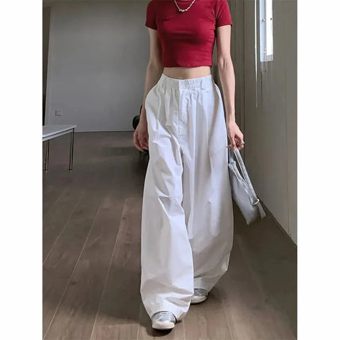 Y2K White Hip Hop Wide Leg Pants High Waist Korean Oversized Cargo Trousers Loose Chic All Match Streetwear