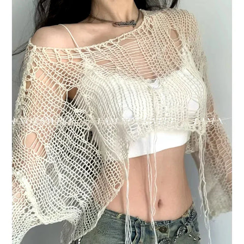 Boho Knitted T Shirt Y2k Hollow Out Loose FeCrop Tees Vintage Korean Ripped Long Sleeve Match Ladies Jumpers
