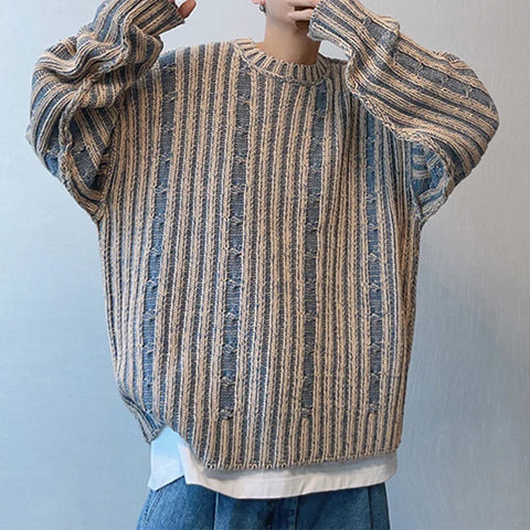 Voguable  Fashionable Striped Knitting Sweaters Streetwear Y2K Loose O Neck Long Sleeve Knit T-shirts Vintage Sweater Tops