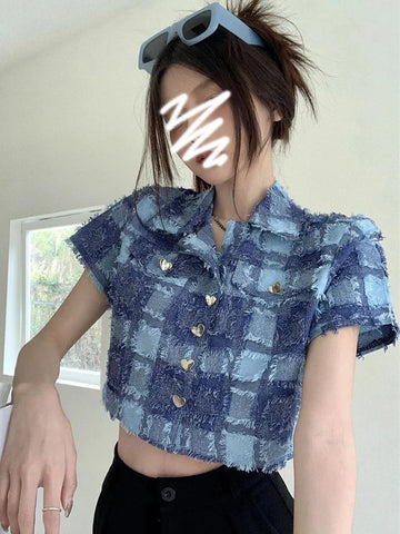 Tassel Cropped Plaid Shirt Vintage Streetwear Short Sleeve Blouse Casual Retro American Short Y2K Tops