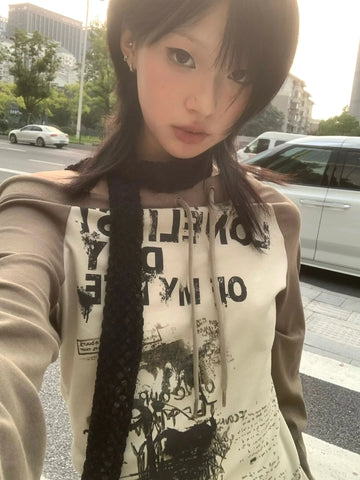 Japanese Y2k Off Shoulder T-shirt Grunge Aesthetics Graffiti Print Long Sleeve Tee Shirt Vintage Harajuku Streetwear 90s