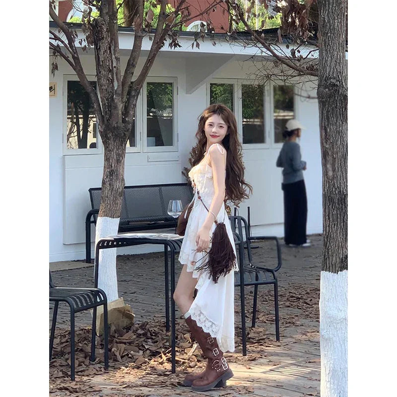 Voguable Y2K 2000S Irregular Midi Dress Fairy Lace Patchwork Strap One Pieces Dresses Vacation Korean Bodycon Vestidos