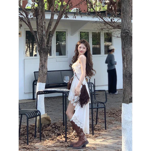 Voguable Y2K 2000S Irregular Midi Dress Fairy Lace Patchwork Strap One Pieces Dresses Vacation Korean Bodycon Vestidos