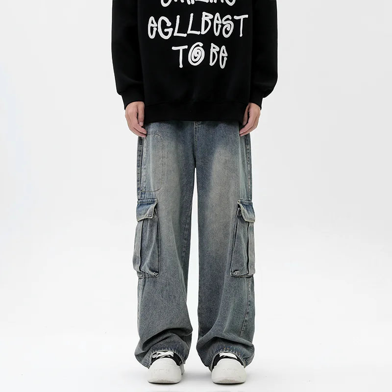 Vintage Y2K Streetwear Cargo Jeans for Straight Wide Leg Pants Loose Casual Denim Trousers Hip Hop Harajuku