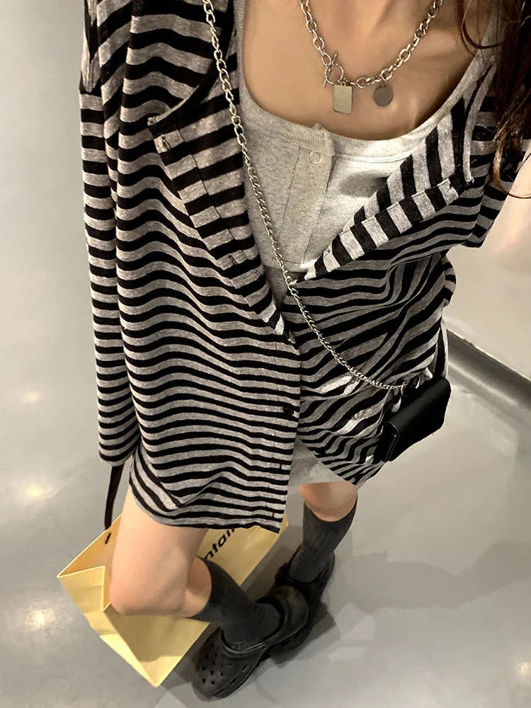 Voguable  Harajuku Y2k Top Black Gray Striped Cardigan Loose Casual Long-Sleeved Top Woman Clothes Grunge Korean Fashion