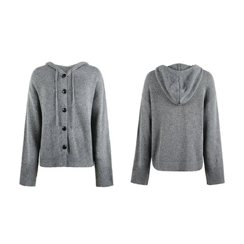 Winter Knitwear Y2k Harajuku Casual Single Breasted Solid Color Hooded Drawstring Knit Cardigan Sweater Women