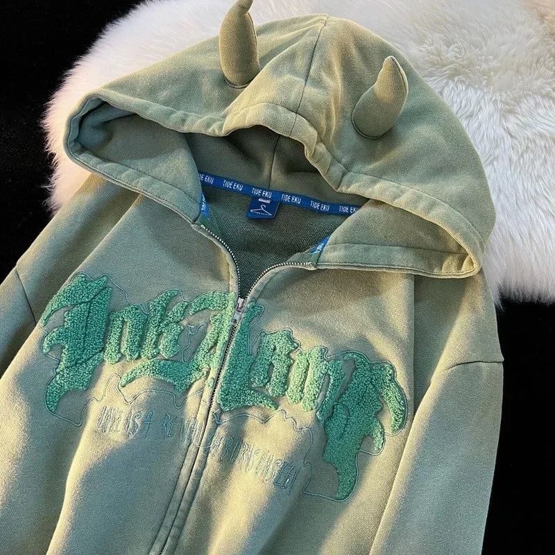 Y2K Letter Embroidered Hoodie Winter Vintage Zip Up Oversized Sweatshirt Harajuku Long Sleeve Hooded Jacket Clothes