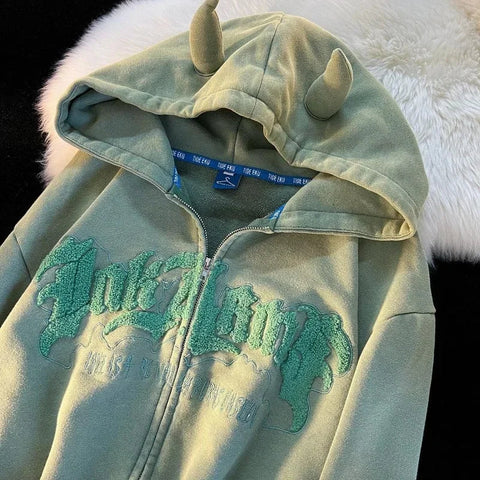 Y2K Letter Embroidered Hoodie Winter Vintage Zip Up Oversized Sweatshirt Harajuku Long Sleeve Hooded Jacket Clothes