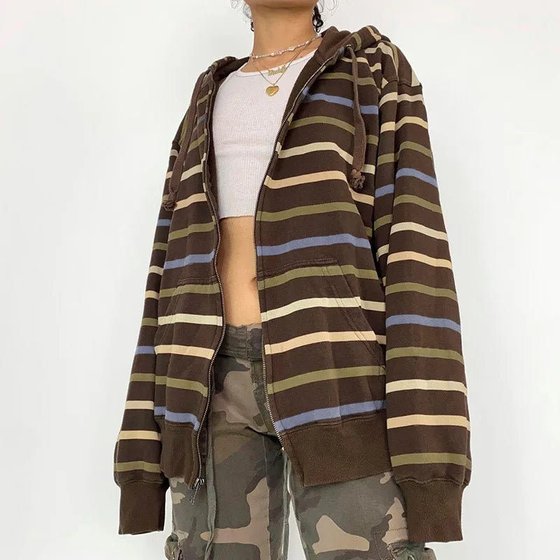Simple Color Contrast Striped Y2k Zipper Drawstring Hoodie Coat European And American Trend Wear
