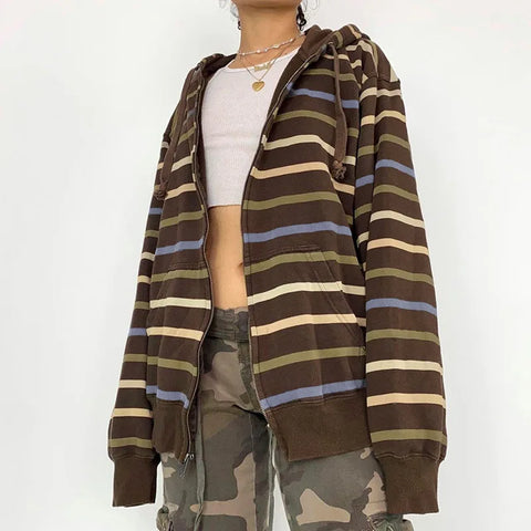 Simple Color Contrast Striped Y2k Zipper Drawstring Hoodie Coat European And American Trend Wear