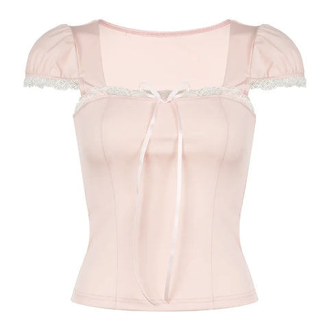 Voguable Y2K Contrast Lace Bow Patchwork Top Casual Basic Slim-fit Short Sleeve T-shirt Coquette Aesthetic Tees