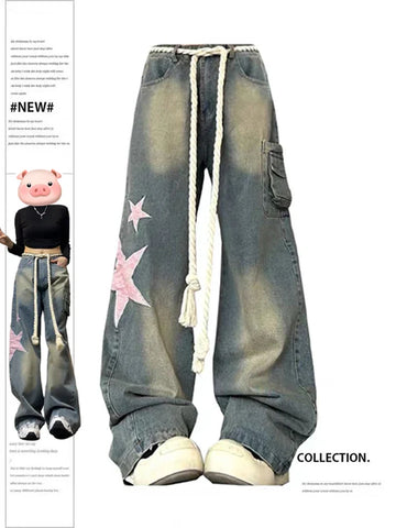 Baggy Star Jeans Vintage Harajuku Oversize High Waist Denim Trouser Emo 2000s Y2k 90s Aesthetic Wide Pants Trashy Clothes