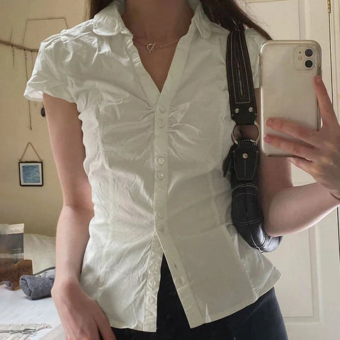 Vintage Folds Crop Top White Button Up Short Sleeve Blouse Bandage Korean T-shirt Casual Streetwear y2k Tee